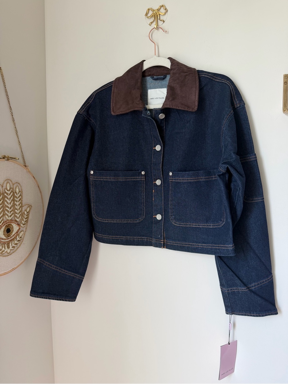 Avec Les Filles Denim cotton Jacket with Brown faux suede Collar